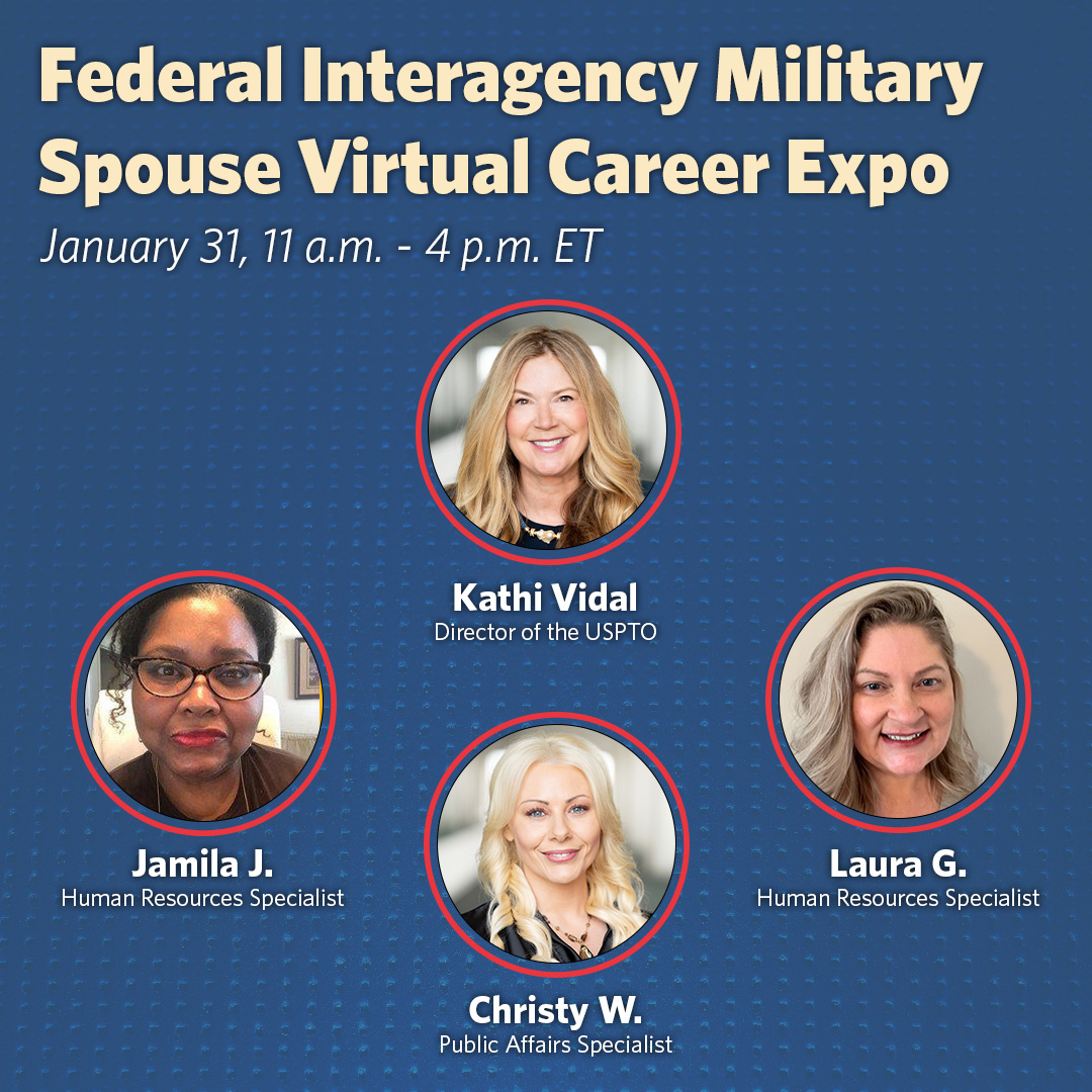 USPTOjobs's tweet photo. We’re joining more than 20 federal agencies to promote #jobs for military spouses next week! Registration is required, but free: https://t.co/YupeGo5edW. #Hiring #FedJobs #MilSpouse https://t.co/ays11W3zDL
