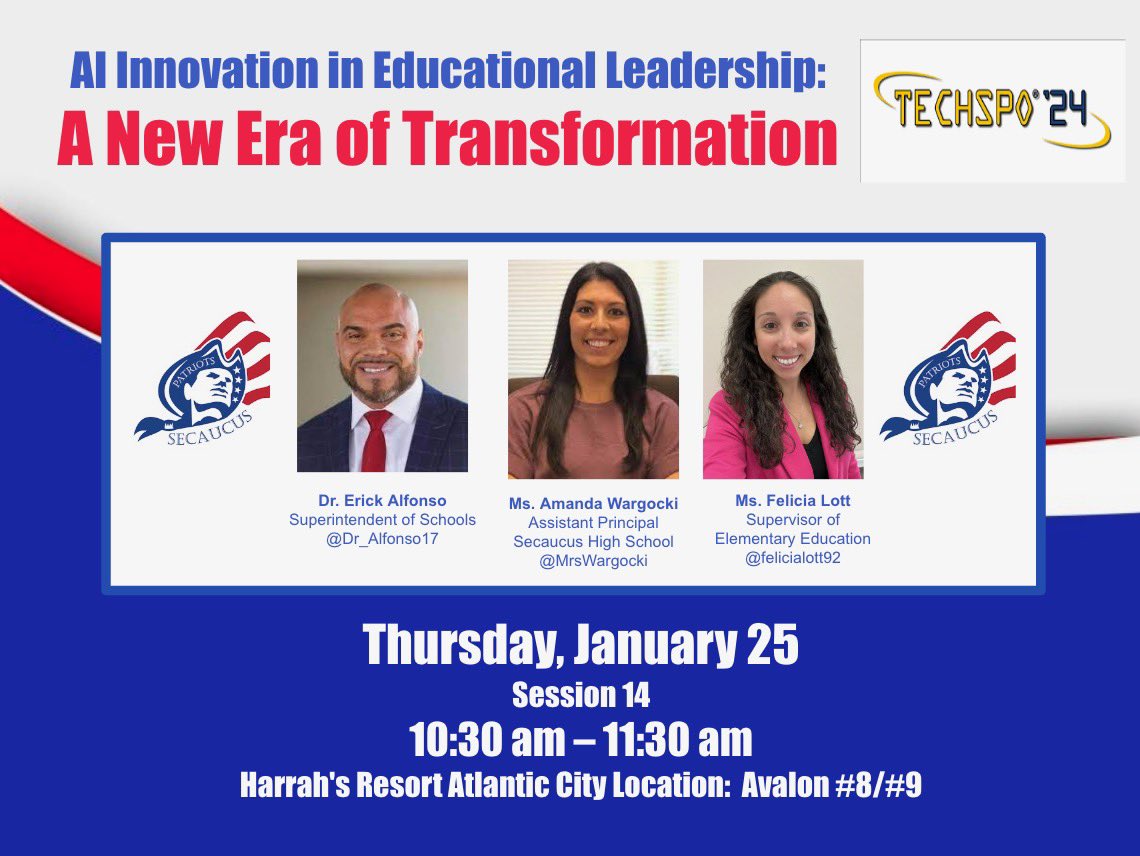 🌟 Reminder! Join us today at TECHSPO for our presentation on AI in Educational Leadership! Meet us in Avalon Room 8/9 at 10:30 AM. Let's explore the future of education together! #TECHSPO #AIinEducation #EducationalLeadership 📚🤖 @SecaucusPSD @MrsWargocki @felicialott92