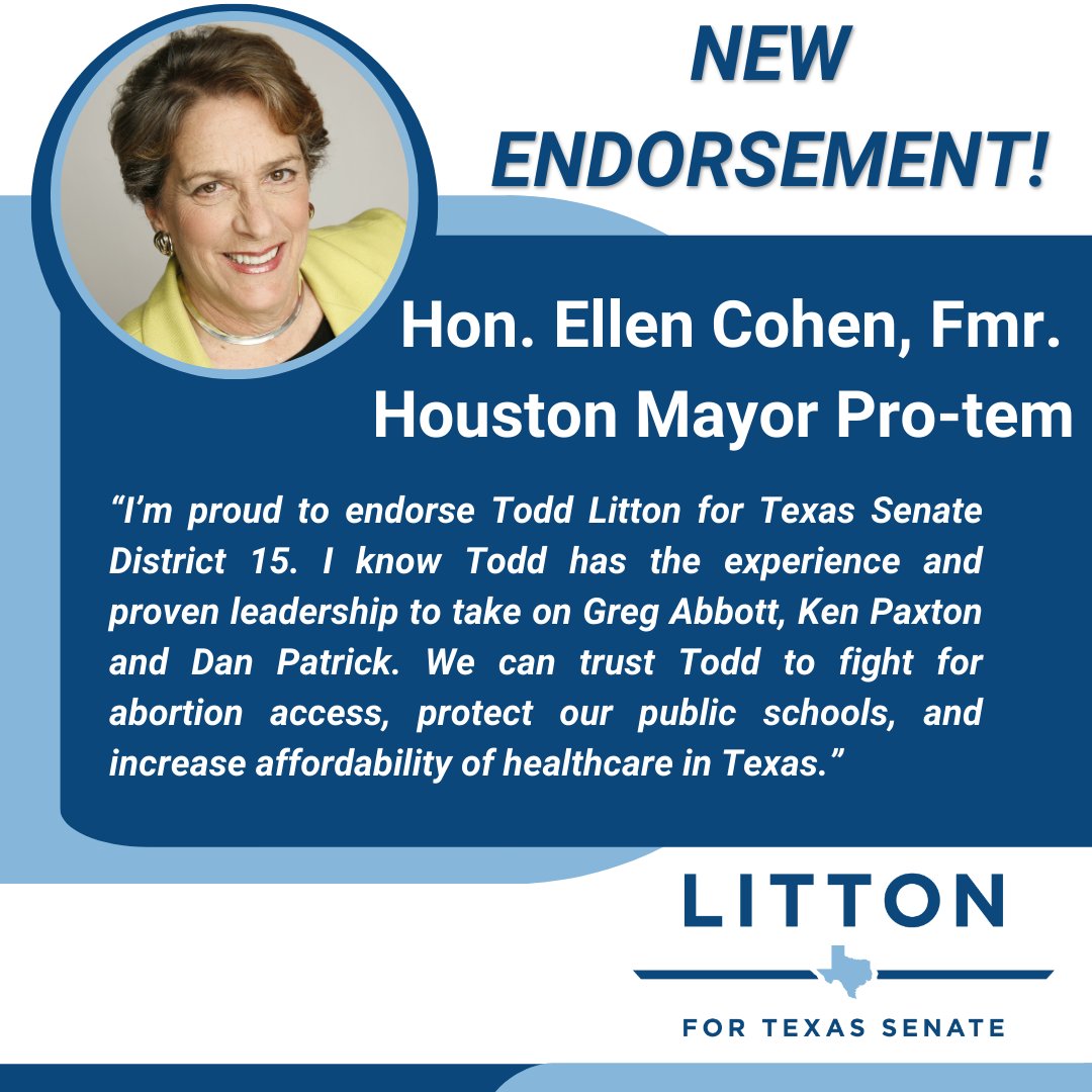 I’m honored to have @EllenCohen1's support. Ellen has always stood up for what’s right, especially for Texas women as executive director of the Houston Women’s Center, State Representative and City Council Member.