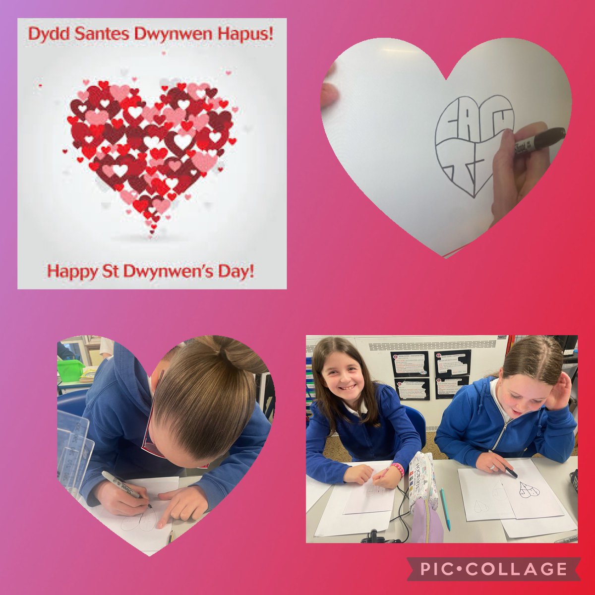We learnt about the story of #SantesDwynwen and how she became the patron saint of love in Wales #DyddSantesDwynwen is part of our Welsh Culture and made cards to give to a loved one. We followed a video of instructions in Welsh and created our #Dwdl to say caru ti/I love you.5/6