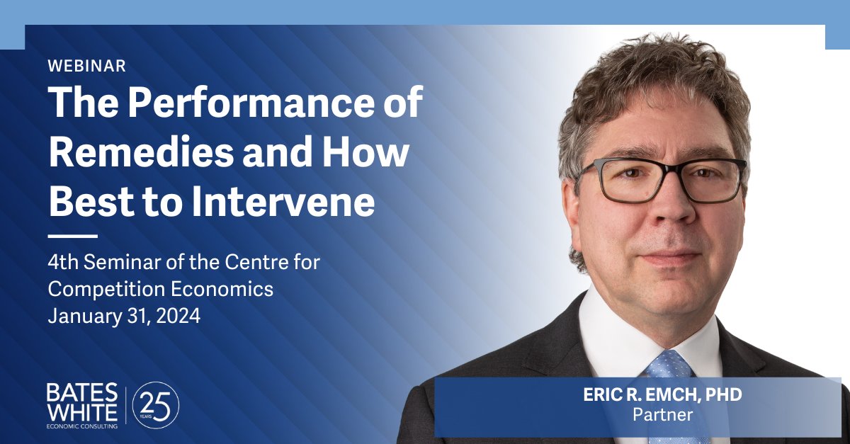 On January 31, Partner Eric Emch will be a speaker in the Centre for Competition Economics’ virtual seminar, “Can We Fix It? The Performance of Remedies and How Best to Intervene.” Click to learn more & register: ow.ly/ZQlZ50QskIS #beyondexpertsbetterexperience #antitrust