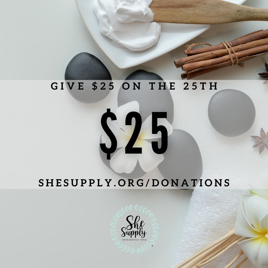 Today is the 25th of the month, and we kindly request your donation to She Supply to help us #EndPeriodPoverty. Your donation will help provide period supplies for one woman in need for an ENTIRE year!

shesupply.org/donations

#25onthe25th #PeriodCharity #SheSupply