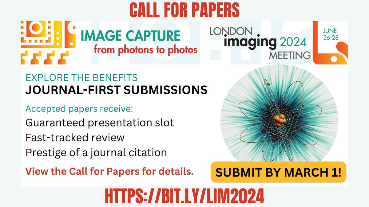 Electronic Imaging (@electroimaging) on Twitter photo Join us for #londonimaging 2024 <a href="/PhysicsNews/">Institute of Physics</a> to explore "#Image Capture: From #Photons to #Photos." 📸 Dive into #ImagingScience #HDR #3d + more. Calling scientists, engineers, and grad students to contribute!
🗓️Deadline: 1 MAR 2024
#CFP Details: bit.ly/LIM2024-CFP Join us for #londonimaging 2024 <a href="/PhysicsNews/">Institute of Physics</a> to explore "#Image Capture: From #Photons to #Photos." 📸 Dive into #ImagingScience #HDR #3d + more. Calling scientists, engineers, and grad students to contribute!
🗓️Deadline: 1 MAR 2024
#CFP Details: bit.ly/LIM2024-CFP