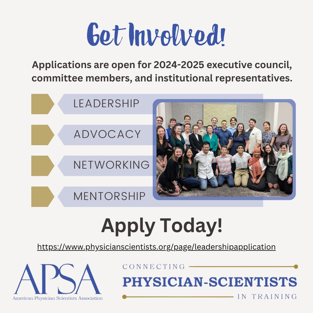📢Get involved with APSA! Join a diverse and dynamic community of physician-scientists and shape the future of physician-scientist training. Apply today! bit.ly/41YAxeV #PhysicianScientists #DoubleDocs #ClinicalScientists