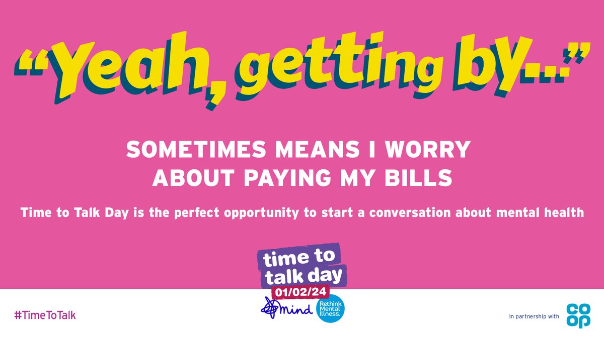🚨 The cost of living crisis is only making it harder to look after our mental health.

On 1 February 2024, for #TimeToTalk Day, let's talk about how we really feel.

Find out how you can get involved 👉 timetotalkday.co.uk