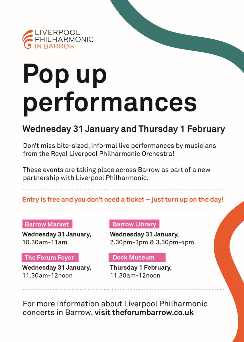 Don't miss next week's pop-up informal live performances by musicians from @liverpoolphil across #Barrow. Entry is free and you don't need a ticket - just turn up on the day! @theforumbarrow @DockMuseum @WandFLibraries @WandFCThrivComm @ace_national @BarrowFull @CumbriaMusicHub