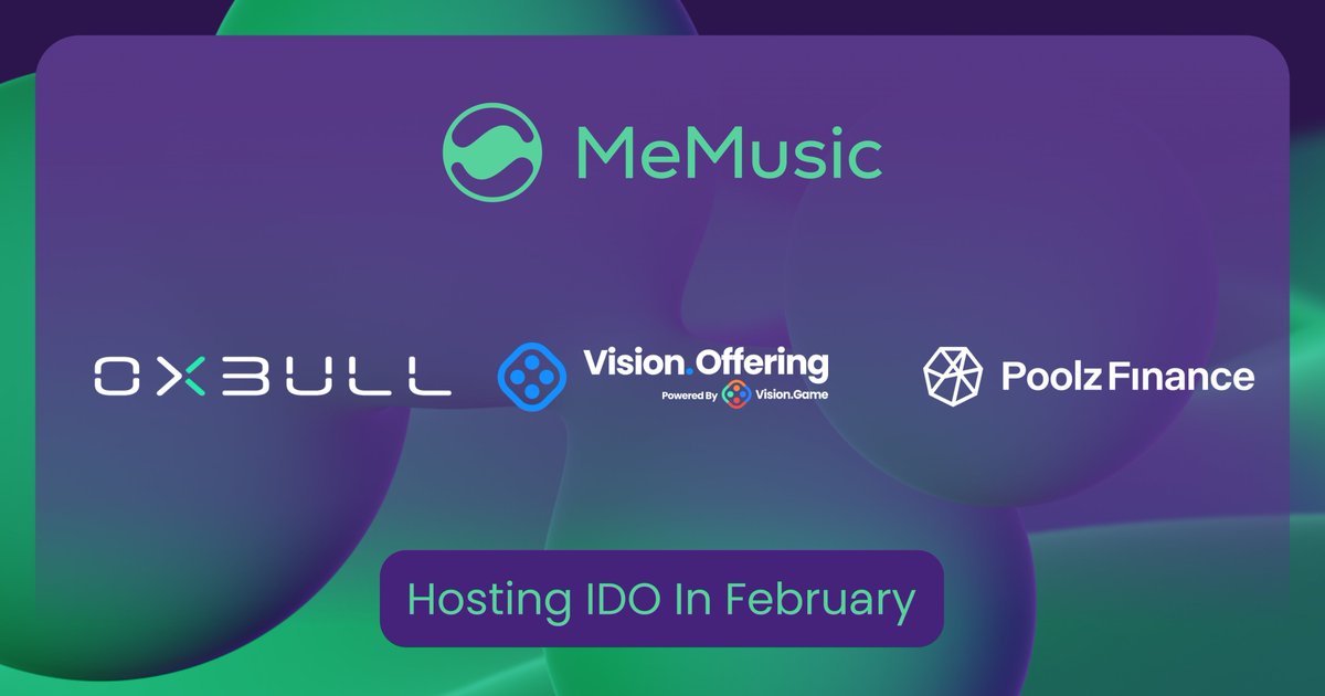 Excited to announce our amazing launchpads to host MeMusic Token's #IDO 💕

First IDO on Feb 1st, starting with <a href="/Oxbull5/">Oxbull</a>, @Visiongame_ and <a href="/Poolz__/">Poolz Finance</a> 🤝

Join the IDO to take part in building #AudioFi 🏗️