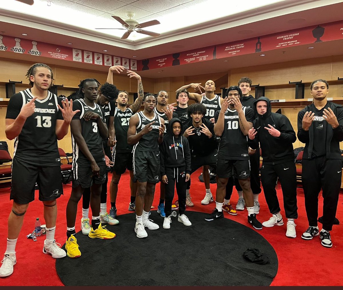 I am looking for Jayce at the end of the game against seton hall last night, he done snuck off to the locker room, to flick it up with the team lol #GreatWin #pcbb