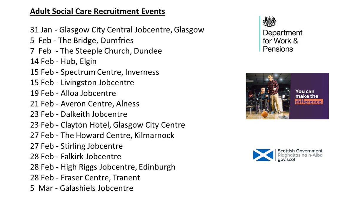 If you are a #AdultSocialCare #Employer and would like to attend, please email: employerservices.scotland@dwp.gov.uk #CareToCare

#CareJobs #JobsInScotland #RecruitmentEvent