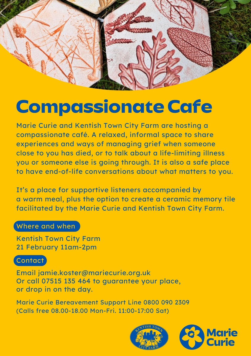 💚We are teaming up with Marie Curie to host a compassionate café. See pic for more info & booking contact. 🗓️ Wed 21st Feb ⏰ 11am - 2pm📍KT City Farm, 1 Cressfield close, NW5 4BN 💚PLS RT💚 #community #itsgoodtotalk @mariecurieuk @CamdenCouncil @StMartinsNW5 @JennyMulholland