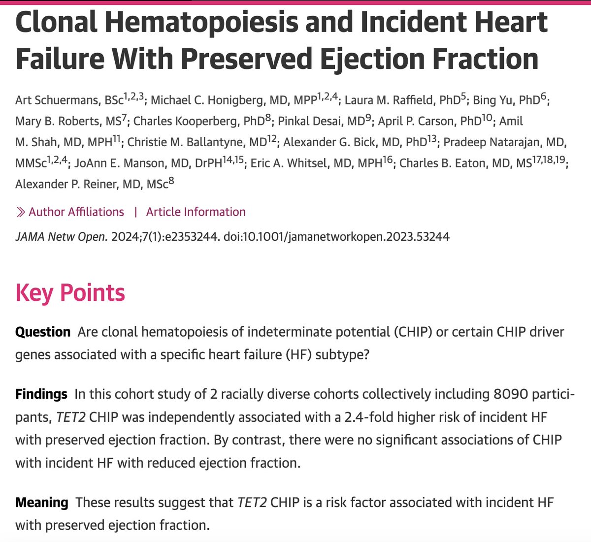 Now out in @JAMANetworkOpen , @artschuermans and I w/ Alex Reiner @fredhutch examine the role of clonal hematopoiesis of indeterminate potential (CHIP) 🩸🧬 in future/incident development of heart failure and its subtypes (HFpEF and HFrEF)

jamanetwork.com/journals/jaman…

👇

(1/X)