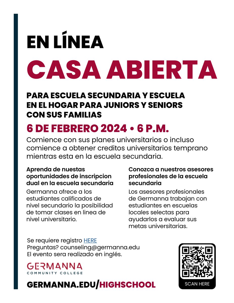 Attention MVHS Rising Juniors &amp; Seniors!! There will be an online Open House for Dual Enrolment courses at Germanna on February 6, 2024 at 6pm. Please register for this event by clicking on the link on the flyer below or by scanning the QR code.