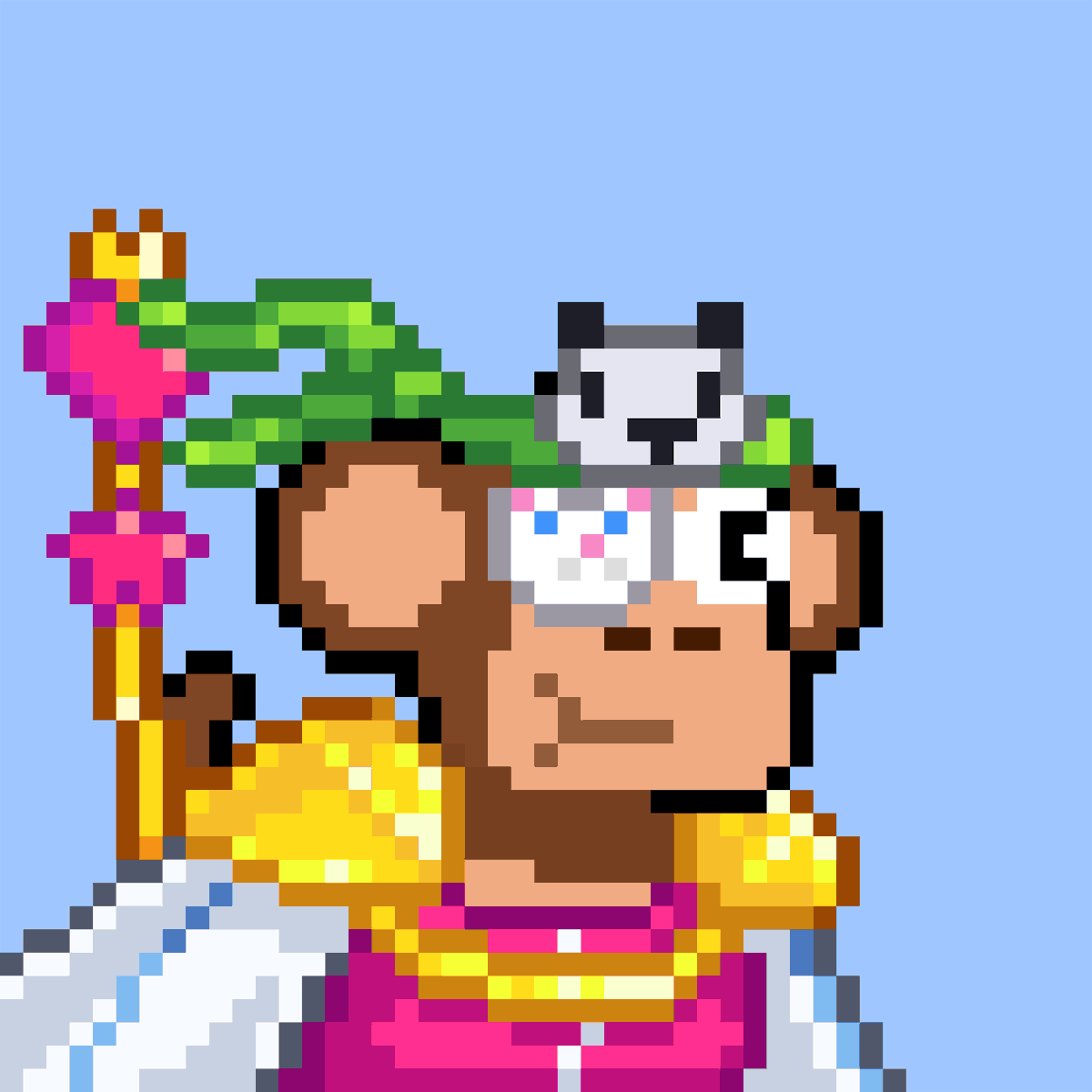 NFTeeETH's tweet photo. Finally evolved one of my @ChimpersNFT and came out of the #Chimpvolution machine with an Adventurous Princess with a Love Wand and double frends with the Pandana and Kitty Patch. It really is CHIMPSZN!

!LFCHIMP https://t.co/jLXxSP8pqb