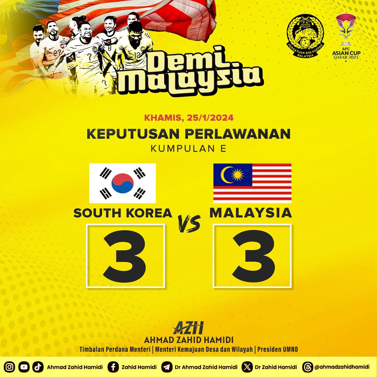 Membawa pulang mata pertama Piala Asia dengan 3 jaringan yang amat bermakna. 

Sama-sama kita doakan agar Piala Asia 2023 ini menjadi titik tolak kepada kejayaan bola sepak yang lebih besar buat pasukan Harimau Malaya!

#AsianCup2023
#DemiMalaysia
#EkorHarimauMalaya