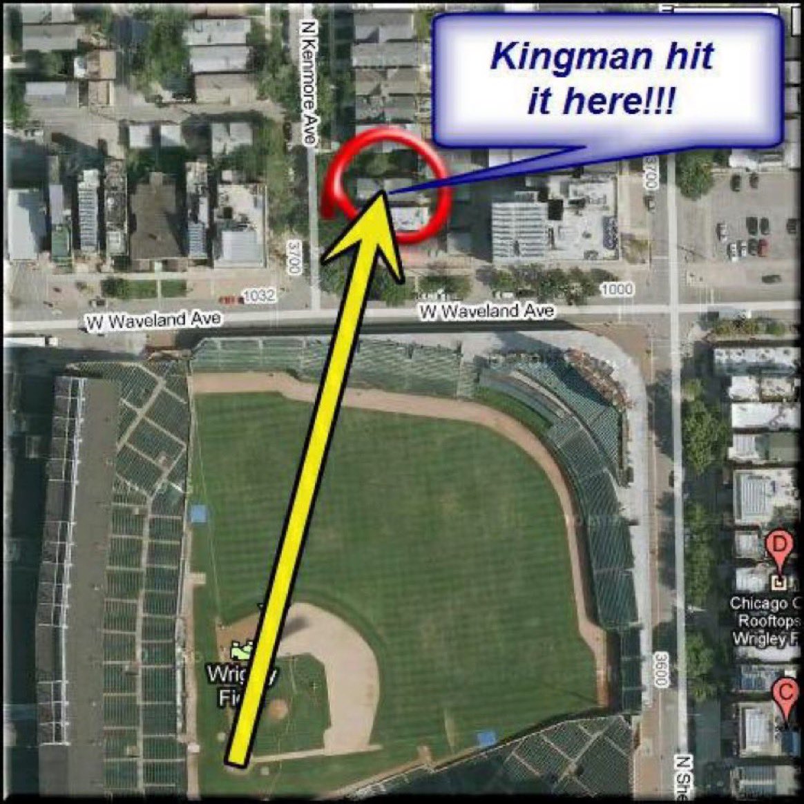 In 1976, Dave Kingman launched a moonshot at Wrigley Field that landed on a porch roof three houses down Kenmore Ave. I’ve stood in front of that house and you wouldn’t believe a human being could hit a baseball that far on the fly.