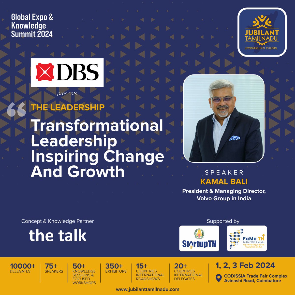 🌐 Jubilant Tamil Nadu #GlobalExpo &amp; #KnowledgeSummit 2024 - Speaker &amp; Session Highlight🌐

Session: Transformational Leadership Inspiring Change and Growth
Speaker: Kamal Bali, President and Managing Director, Volvo Group in India

#JubilantTN2024 #KnowledgeSummit