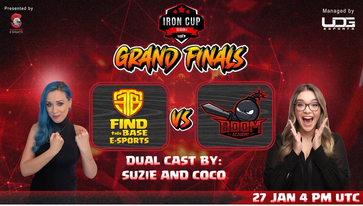 Grand Finals of Iron Cup Season 1! 

<a href="/coco22TV/">Coco 🫧</a> and <a href="/Suzie_Gaming/">Suzie😘</a> will be co-casting all the fun, which starts at 1600 UTC on Saturday, the 27th!

Hang out on Twitch on Coco’s channel (which I’ll be hosting as well) as we watch <a href="/FindThisBase/">Find This Base(FTB)</a> play #BoomAcademy!

#clashofclans