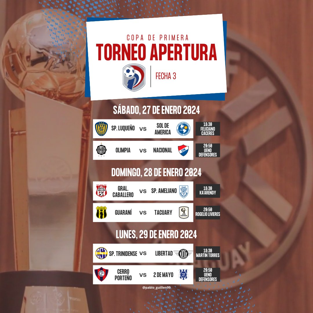 Modificacion de horarios de la fecha 3 del #AperturaAPF2024: 

Primer partido 18:30 hrs.
El segundo 20:50 hrs.