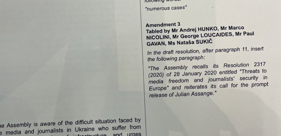 This amendment calling for Julian Assange’s immediate release was just unanimously adopted by the Parliamentary Assembly of the @coe. Thank you @AndrejHunko for introducing it. Julian’s final extradition hearing in the UK will take place at the High Court on 20-21 February.