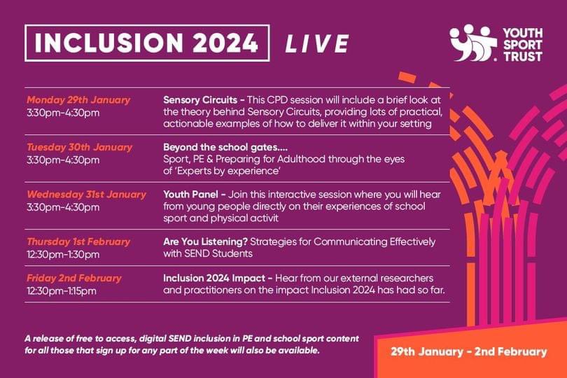 Next week is <a href="/YouthSportTrust/">Youth Sport Trust</a> INCLUSION 2024 LIVE! An interactive online week of free to access, virtual SEND Inclusion webinars. An opportunity for school staff, community &amp; sports organisations to listen to and learn from experience.

youthsporttrust.org/programmes/tar…