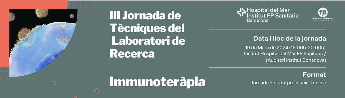 🔵III Jornada de Tècniques del Laboratori de Recerca. Immunoteràpia

📍 Auditori Institut Hospital del Mar FP
Jornada híbrida, presencial y online. 
🗓️ Dimarts, 19 de març de 2024
⏲️ 16 h a 20 h.

Més informació: 
👉 bit.ly/immunfphm

#immunotherapy #TSLAB <a href="/hospitaldelmar/">Hospital del Mar</a>