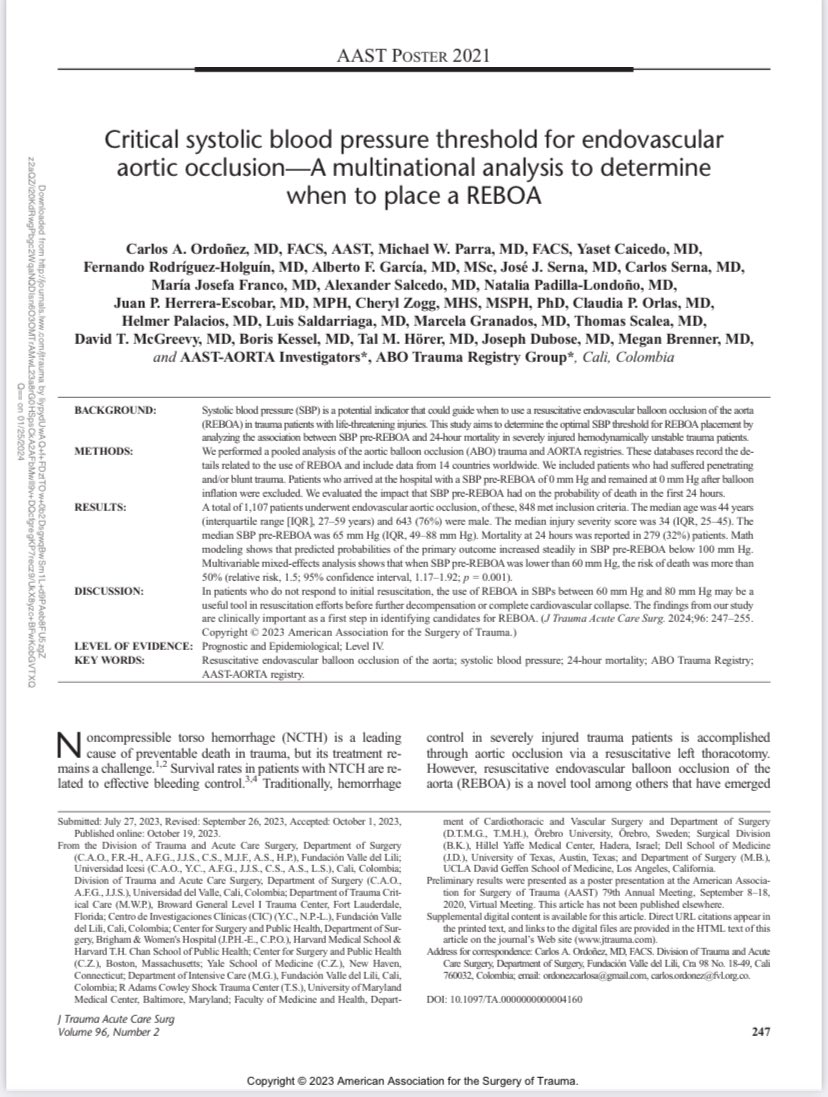 I invite you to read this interesting article *Critical systolic blood pressure threshold for endovascular aortic occlusion—A multinational analysis to determine when to place a #REBOA*  @ordonezcarlosa  @ascolcirugia @Panamtrauma @me4_so @Cirbosque #SoMe4Trauma #SoMe4Surgery