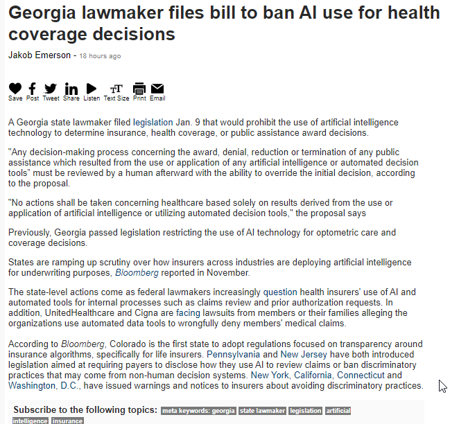 EdGainesIII's tweet photo. This #GA bill could be the basis for "model legislation" whereby the #healthplans will not be permitted to use AI/ML/large language model algorithms solely w/out human review for prior auth., to determine coverage and/or adjudicate medical claims. https://t.co/0FZVggdGJQ https://t.co/4RIdr3VXW2