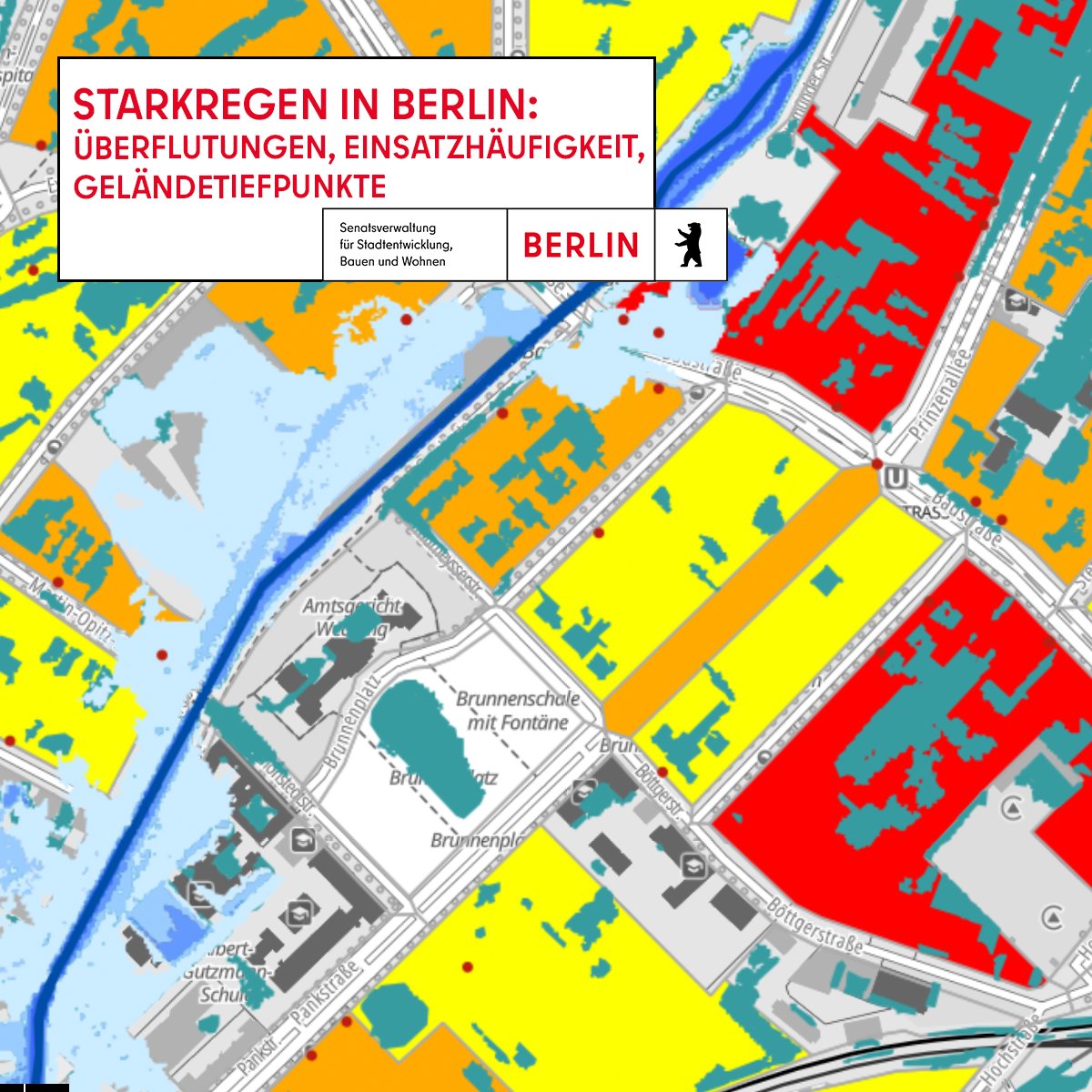 #Starkregen und Überflutungen können in ganz #Berlin Schäden verursachen. Checken Sie unsere Hinweiskarten mit Angaben zu besonders betroffenen Gebieten, Einsatzhäufigkeit der Feuerwehr und Angaben zu Senken und Wasser-Aufnahmequantitäten. Im Geoportal: gdi.berlin.de/viewer/main/?T…