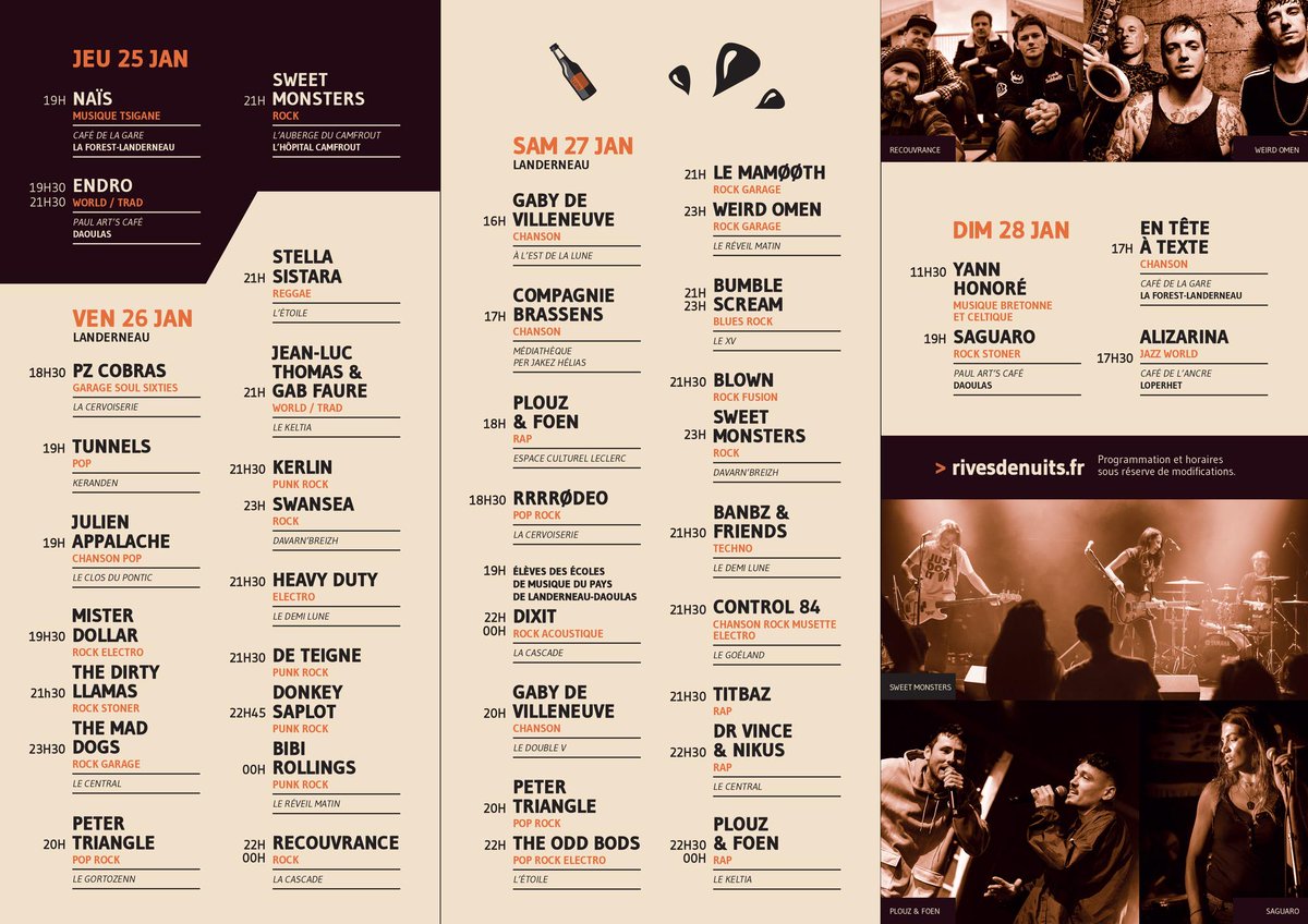 RIVES DE NUIT 🎸La "Fête de la musique en hiver" revient sur le Pays de Landerneau-Daoulas, du 25 au 28 janvier, avec 37 groupes ou artistes, des concerts gratuits. Premières notes dès ce soir à La Forest-Landerneau, Daoulas et L'Hôpital-Camfrout ! On s'y retrouve ?