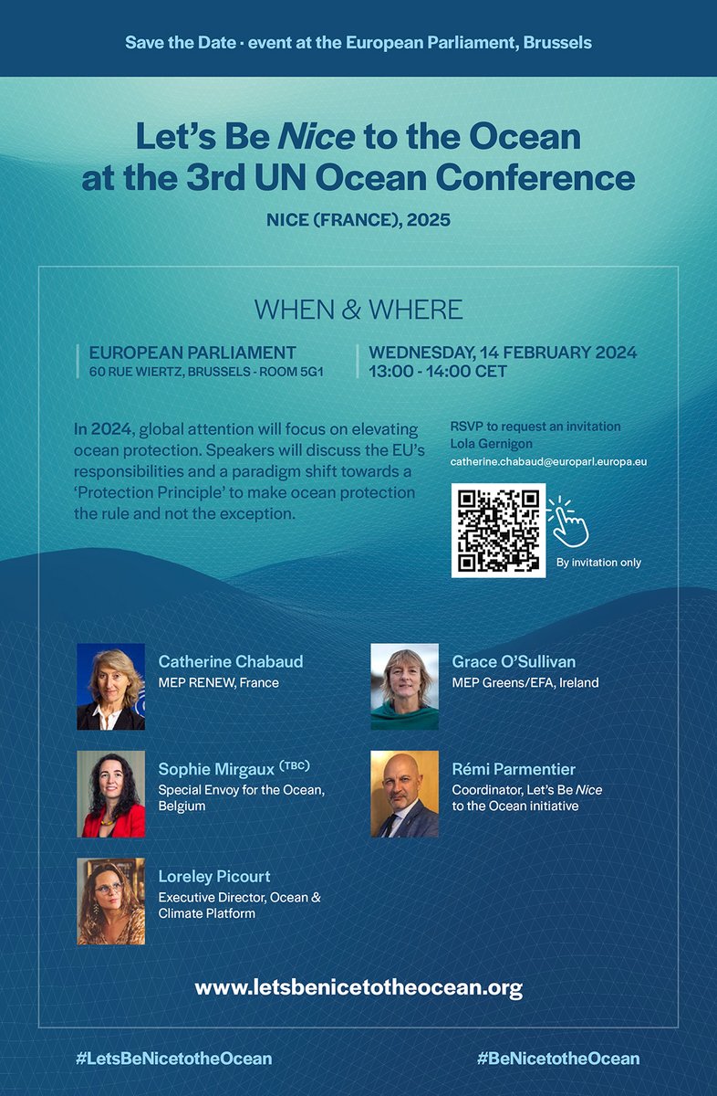 [EVENT] In a few weeks, MEP @CathChabaud & @GraceOSllvn will host an exclusive event in preparation of #UNOC3! Take on this opportunity to learn all about @BeNice2theOcean & discuss the EU's role in #OceanProtection 🌊 📍European Parliament 📆February 14 Apply w/ the QR code👇