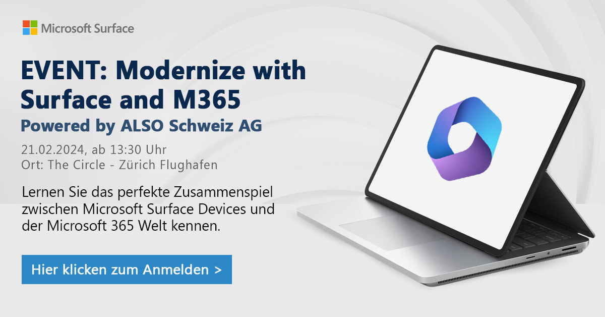 Entdecke die Zukunft mit uns! Sei beim exklusiven MS Surface &amp; M365 Event in Zürich dabei. Erlebe Live-Demos, Insider-Tipps von Experten und eine Technology Center Tour.

📆 21.02.2024
📍 The Circle, Zürich

Jetzt anmelden: also-training.ch/de/module/trai…