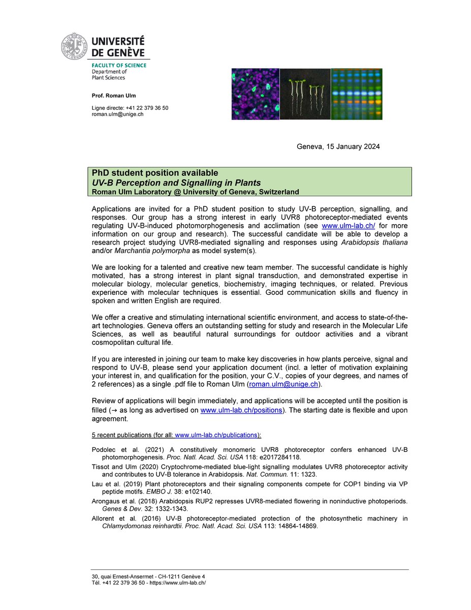 PhD student position available – join our team to make key discoveries in how plants perceive, signal and respond to UV-B (@Biologie_UNIGE, Geneva, Switzerland)! See ulm-lab.ch for more information (also for a postdoc position). @unige_en #PlantSciJobs #UVR8