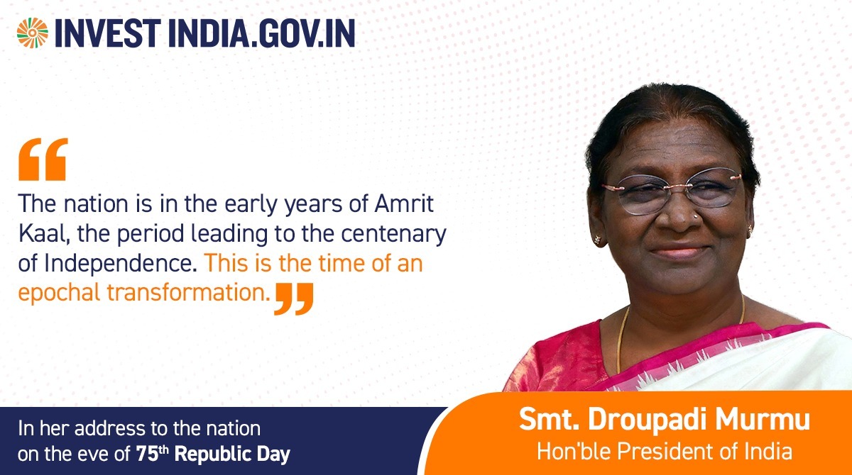 investindia's tweet photo. Hon'ble President Smt. Droupadi Murmu highlighted India's journey into the transformative #AmritKaal, marking the lead-up to the centenary of Independence.
#InvestInIndia #InvestIndia #75thRepublicDay #RDay2024 #RDay #RepublicDay2024 #AmritKaal2047 @rashtrapatibhvn https://t.co/NWZteIpmK1