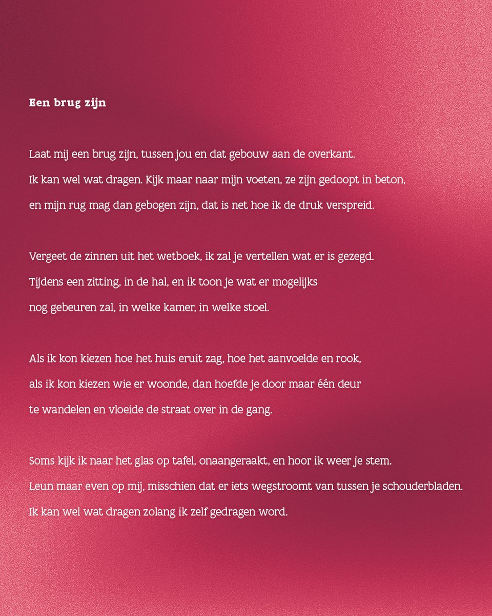 Drie dichters maakten kennis met de dienst Slachtofferonthaal. Ze gingen in gesprek met justitieassistenten en slachtoffers, en penden hun indrukken neer. We delen hun gedichten één voor één, beginnend met 'Een brug zijn' van Mattijs Deraedt
#gedichtendag