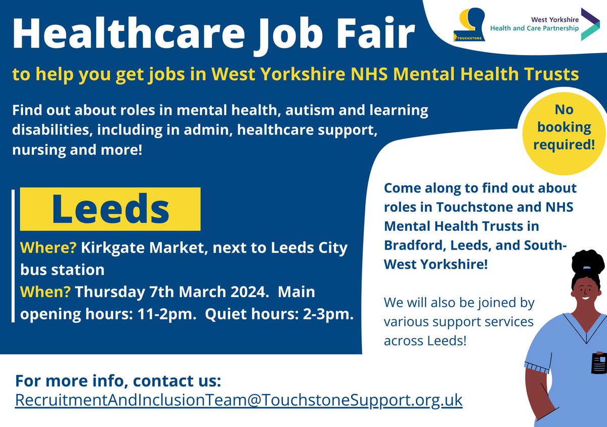 Are you looking for a role in healthcare? Come to our Healthcare Job Fair on 7th March and chat to staff from Touchstone, and local NHS Mental Health trusts @BDCFT, @allofusinmind, and @LeedsandYorkPFT. Drop into Kirkgate Market in Leeds 11-3pm with a quiet hour on 2-3pm!