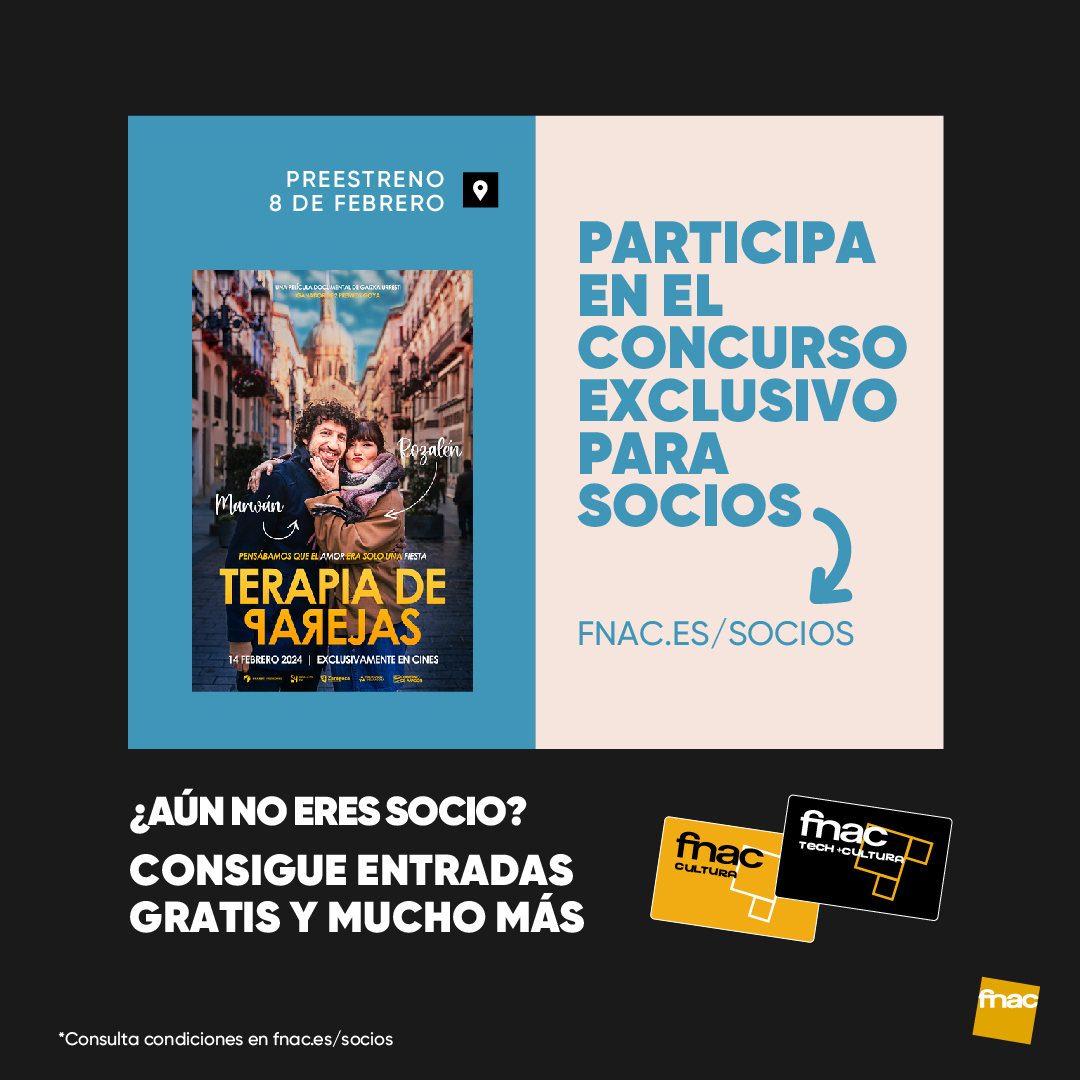 🎬 SORTEO SOCIOS FNAC 🎬

Consigue una de las 11 invitaciones dobles que tenemos para el preestreno en Madrid de 'Terapia de parejas', la película documental protagonizada por <a href="/RozalenMusic/">Rozalén</a>  y <a href="/Marwanmusica/">Marwán</a> (que estarán para presentarla).

Participa fnac.es/TERAPIA-DE-PAR…