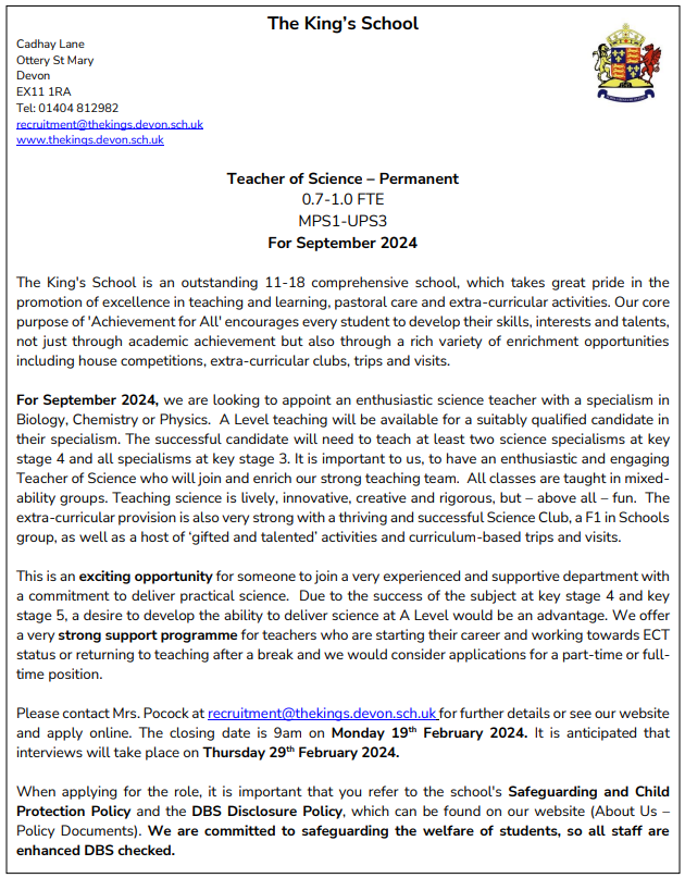 KingsSchoolOSM's tweet photo. Do you love teaching practical #science? Do you want to teach A Level science?  Do you want to be supported by a fantastic team of expert #teachers and #technicians?  If the answer is yes to these questions, we would love to hear from you. #AchievementforAll https://t.co/SjWrkIolqn