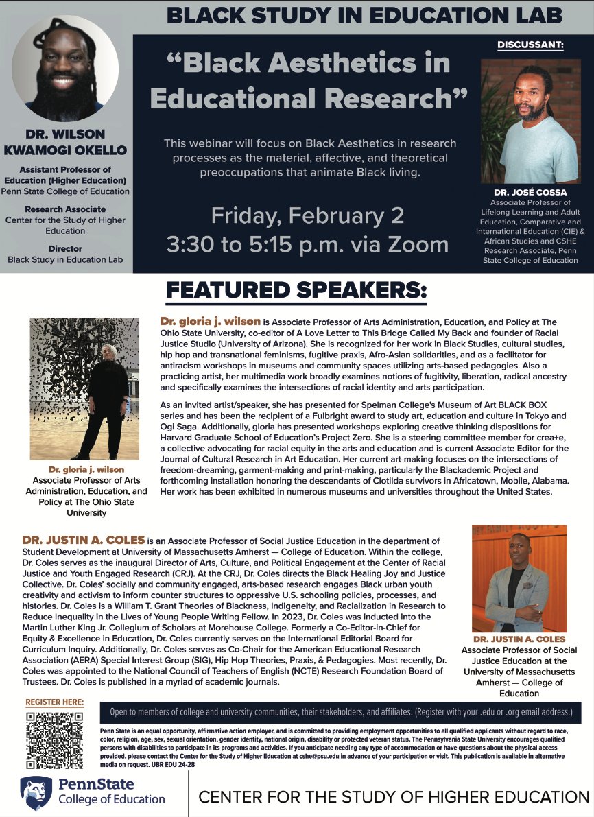 Excited to learn with/ Dr. @JustinAColesPhD and Dr. Gloria Wilson in the Black Study in Ed Lab next week. This webinar will focus on Black Aesthetics in research processes as the material, affective, and theoretical preoccupations that animate Black living. Registration 👇🏿. Asé.