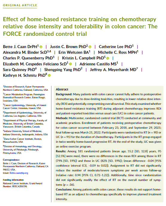 Among patients with #ColonCancer, results from this new study do not support home-based resistance training as an adjunct to chemotherapy specifically to improve planned treatment intensity. acsjournals.onlinelibrary.wiley.com/doi/full/10.10… @OncoAlert @KPDOR @fitaftercancer #ExerciseOncology #GI24