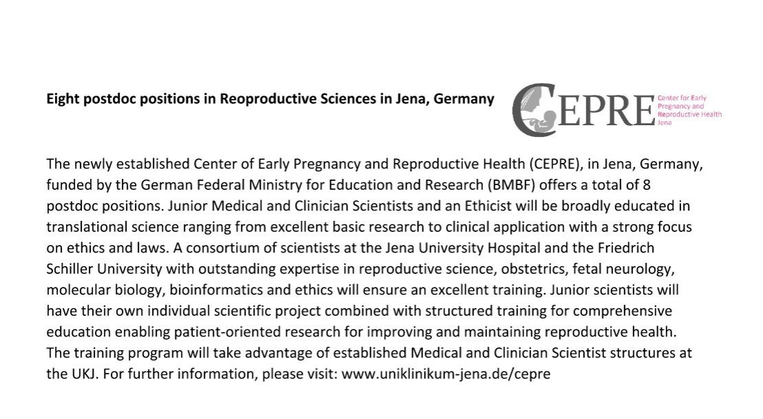 The newly established Center of Early Pregnancy and Reproductive Health (CEPRE), in Jena, Germany, funded by the German Federal Ministry for Education and Research (BMBF) offers a total of 8 postdoc positions. For further information, please visit: buff.ly/4bc0Hza