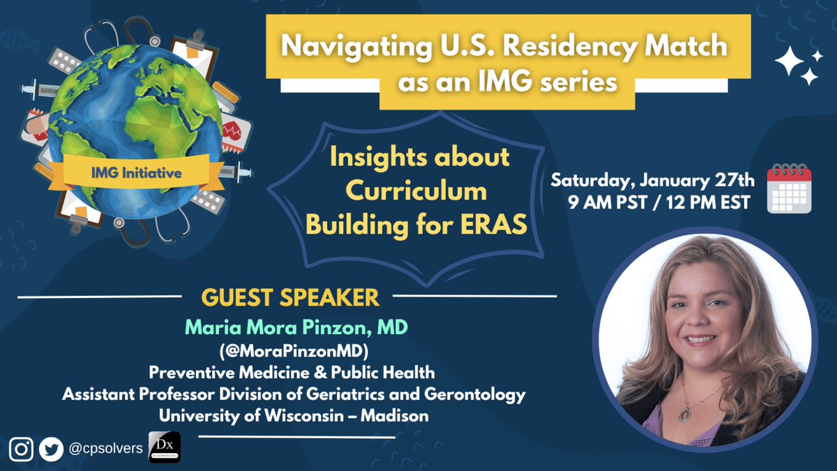 #MedTwitter #Match2025 Our next IMG initiative event will take place Saturday, January 27 at 12PM EST

Please join us as @MoraPinzonMD shares insights about building your ERAS activities/CV!

Access for free here➡️ bit.ly/31LWIKg