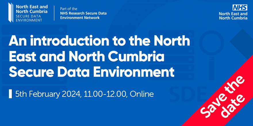 If you missed this week's Introduction to the North East &amp; North Cumbria Secure Data Environment, there's still time to sign up for the next session! Learn about the #SDE programme, and join a live Q&amp;A at the end.

📅 5th Feb 2024
⏰ 11am-12pm
Register ➡️ bit.ly/3vU0fFm