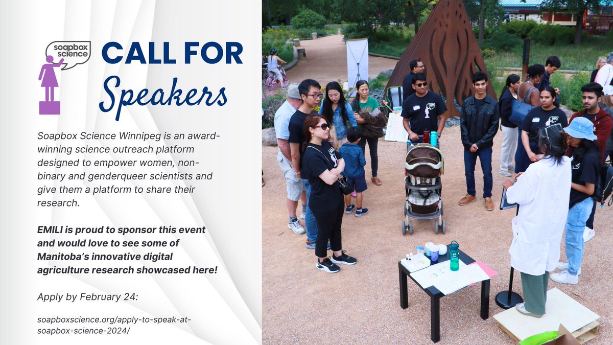Don't miss your chance to speak at @SoapboxScienceWpg! 👩‍🔬 🧪 If you're a woman, genderqueer, or non-binary person working in #STEM who is passionate  about your research, click below to apply. Deadline is February 29, 2024.