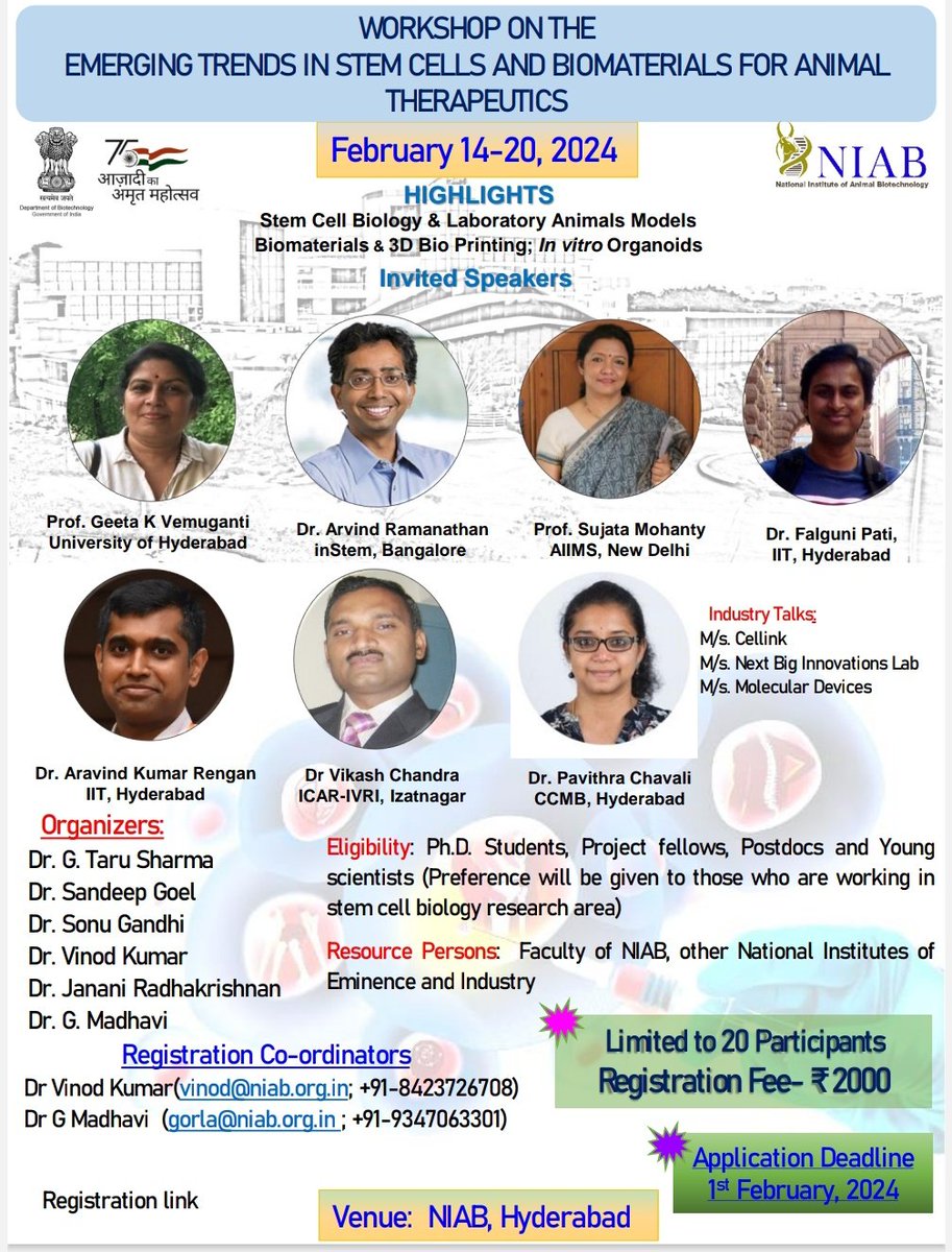 Hurry up. The deadline has been extended till February 1st. Get register yourself to experience the in-depth knowledge of stem cells and biomaterials in therapeutics @HydNiab @DBTIndia @DrGTaruSharma