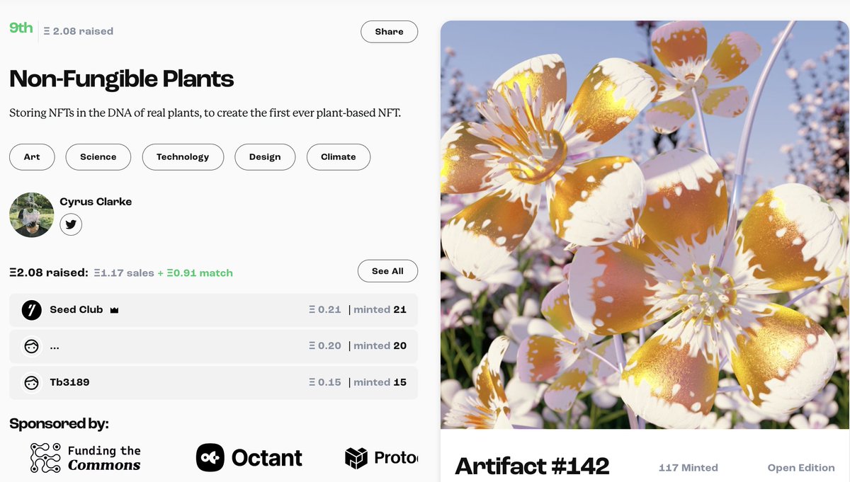 In just 48h <a href="/NFPgarden/">Non-Fungible Plants 🌱</a> has already risen to the top 10 of the <a href="/artizen/"></a> prize!

Thanks to everyone who has collected already. There are just 4 days to go, how high can we grow?!

Mint now: artizen.fund/project/non-fu…
