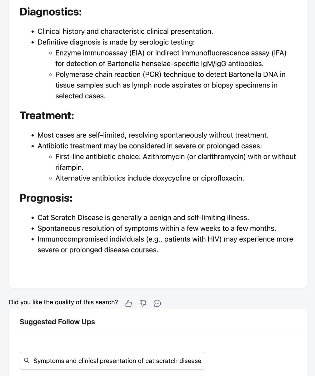 @BrownJHM Cat Scratch Disease (Bartonella henselae Infection):

Learn more and generate your own summaries at
neuralconsult.com 🧠 🎯

#MedX #MedTwitter #FOAMed #MedEd
