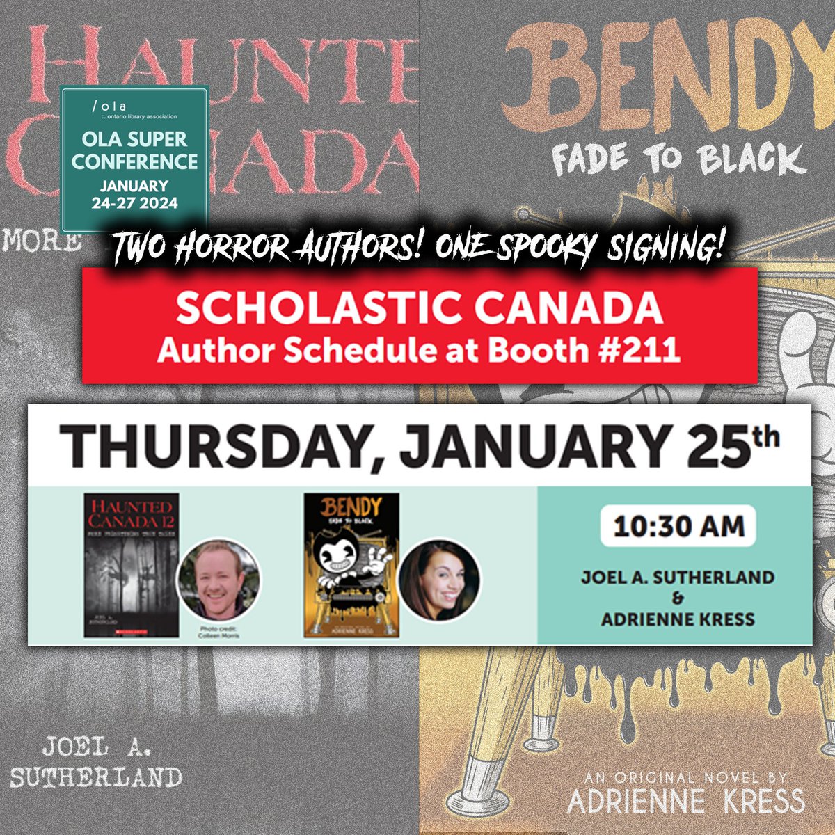 TODAY is the day! 10:30am at the OLA Superconference! Find me and the incredible @joelasutherland signing our books (BENDY: FADE TO BLACK & HAUNTED CANADA) at the Scholastic booth #211! Can't wait!! 

#OLA #OLA2024 #ONschoolLibraries #Bendy #BATIM #BATDR #BendyFTB #OLASC #OLASC24