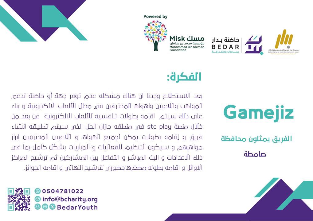 (فريق Gamejiz) من المشاركين في مخيم الابتكار، وعلشان ينتقل معنا للمرحلة القادمة يحتاج تصويتكم 🤩✨

صوّت للفريق بمتابعة حساب @bedaryouth + رتويت + المشاركة في هاشتاق #حاضنة_بدار