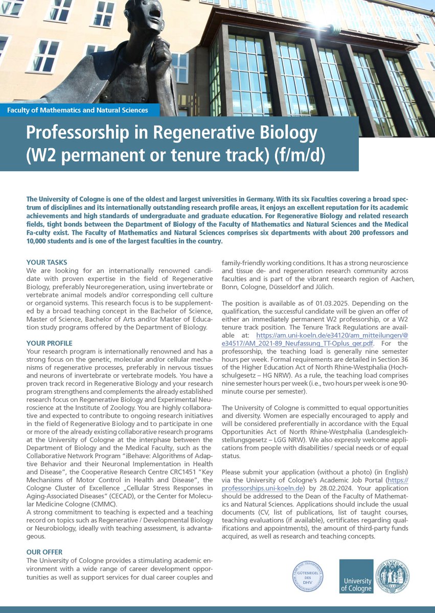 Job Alert: Professorship in Regenerative Biology (W2 permanent or Tenure Track) at the University of Cologne. Just 1 month left to apply (Due 28.02.2024).