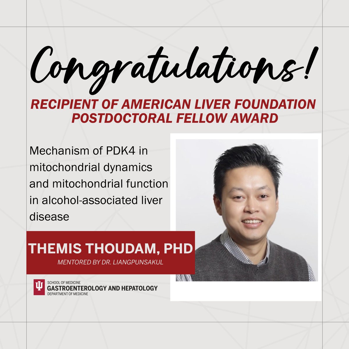 Congrats to Dr. Thoudam (mentored by @l_suthat) on being selected as a recipient of the @liverUSA Postdoctoral Research Fellowship Award! 🏆 This marks a significant achievement for #iugastro, being the first of its kind from the ALF.👏 #LiverTwitter ow.ly/QejH50Quq0u